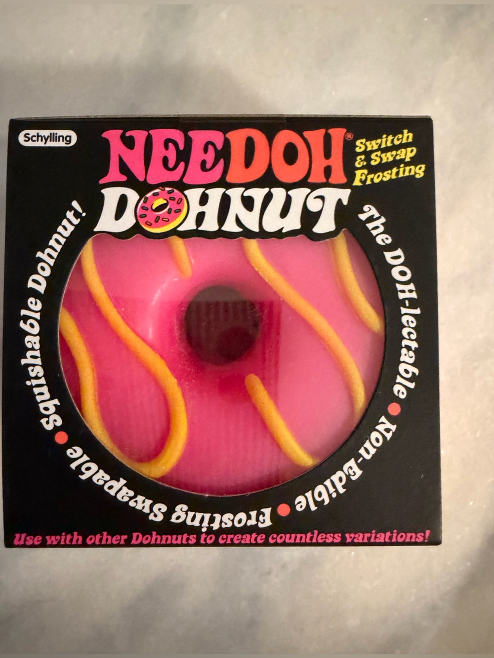 AUTHENTIC Schylling Needoh Donut/Dohnut Pink Squishable Toy with Yellow Frosting